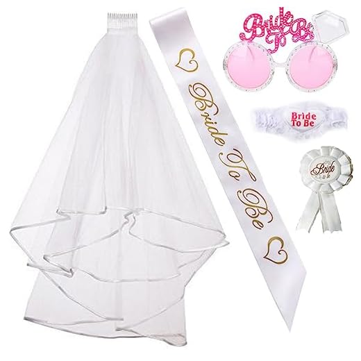 simyron Juego de Velo de Novia de 5 Piezas para Despedida de Soltero Velo con Correa para el Hombro con Insignia de Liga de Peine Gafas de Sol para Velo de Novia Despedida de Soltera