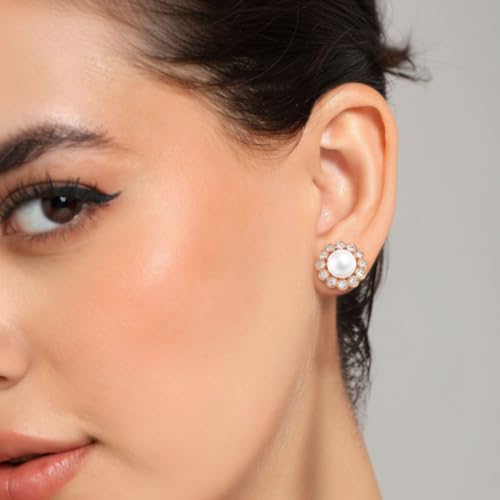 Image of Nilu's Collection Rose Gold Plated Triangular Design Pearl Stud Earrings With American Diamond for Women And Girls | Gift For Her | Anti- Allergy |Anti-Tarnish | Office Wear