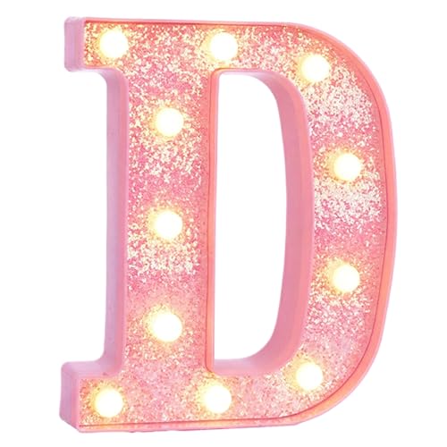 Image of Pink Marquee Light Up Letters, Glitter Alphabet LED Letter Lights for Pink Birthday Party Decorations, Battery Operated Letter Sign for Girls Room Vanity Table Decor, Warm White Lights Letter D
