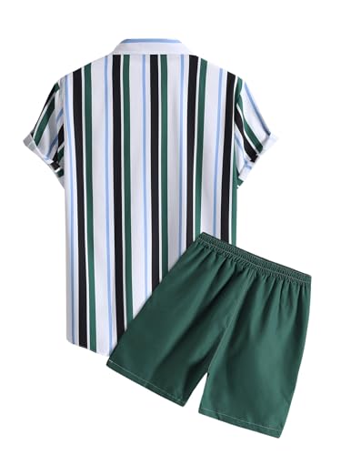 SHENHE Men's 2 Piece Outfits Striped Button Up Short Sleeve Shirt and Shorts Set2