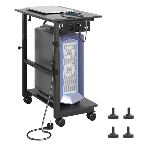 HavenlyYouth 2-stufiger Computer-Tower-Ständer mit Steckdose höhenverstellbarer PC-Tower-Ständer mit Rollen ATX-Gehäuse-CPU-Halterungswagen mit Haken für Zuhause Büro und Gaming