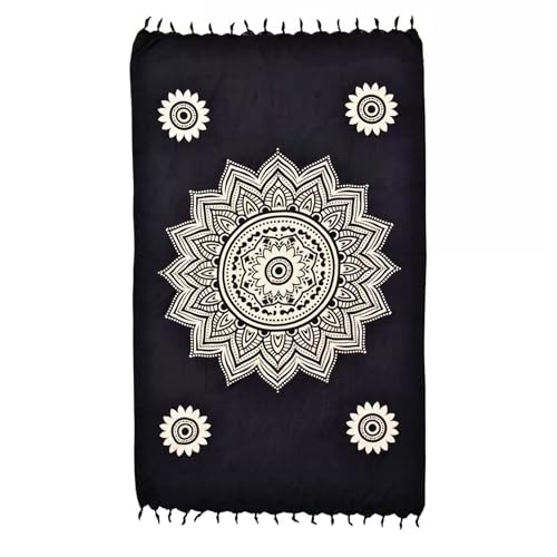 Canga de Praia Mandala, Saída de Piscina, Estampa Floral Preta e Branca com Franjas