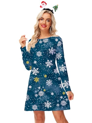 Arankhiger Damen Weihnachtskleid Vintage Christmas Kleid Ugly Weihnachten Kleid Schneeflocke XL