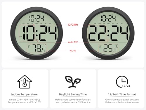 Digital Wall Clock Battery-Operated, 8 Inch Small Decorative Modern Wall Clock with Date, Temperature, Auto-DST, Silent Electric Wall Clock for Bedroom, Living Room, Kitchen, Office, Farmhouse -Black - Image 5