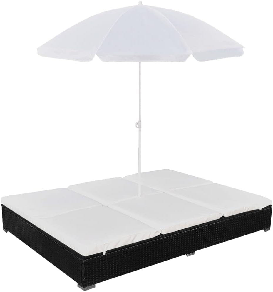 Patio Lounge Bed with Umbrella Poly Rattan Black Loveseats