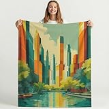 Genérico Manta Franela para Cama, Mantas para Sofa 150cm x 150cm Cálida, Transpirable, Ligera, Estampado Abstracto Moderno Ciudad Paisaje Invierno Calentitas Navidad Regalos Cian
