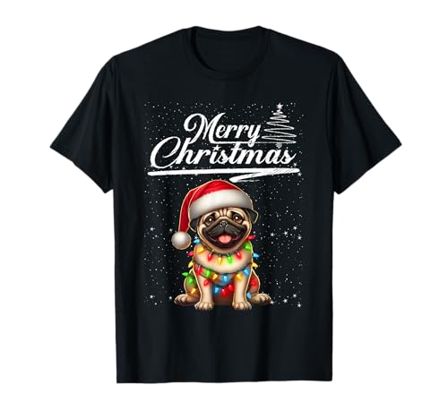 Funny Pug Dog Christmas Lights Santa Hat Candy Cane Xmas Camiseta