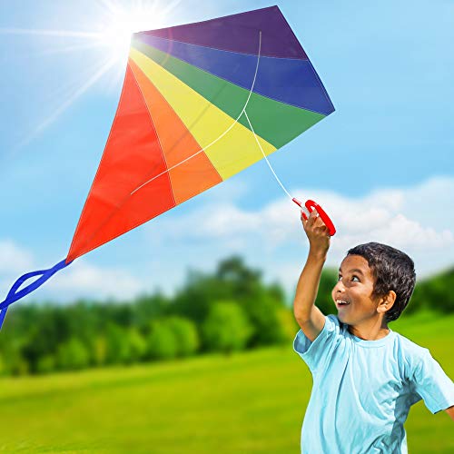 B078XTP4NT-Diamond Kite for Kids and Adults, Rainbow Kite Large 47" for Outdoor Games, Beach and Backyard Activities, Easy to Fly Single Line Kites for Girls and Boys in Nylon Fabric, Rods, Spool, and Line