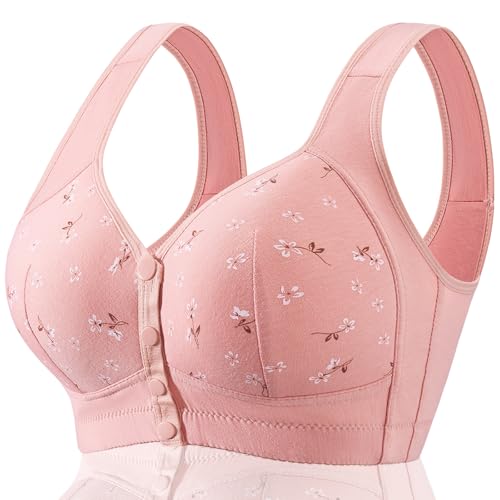 FHTECO Daisy Bras for Older Women Floral Plus Size Bra Wireless Front Closure Bras for Senior Daisy Comfort Tshirt Bra (3XL Pink)