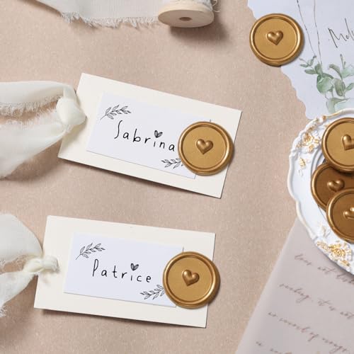 UNIQOOO Wax Seal Stickers - 3D Heart Wedding Invitation Envelope Seal Stickers, 50 Pcs Self- Adhesive Antique Gold Stickers, Perfect for Invitation, Christmas, Gift
