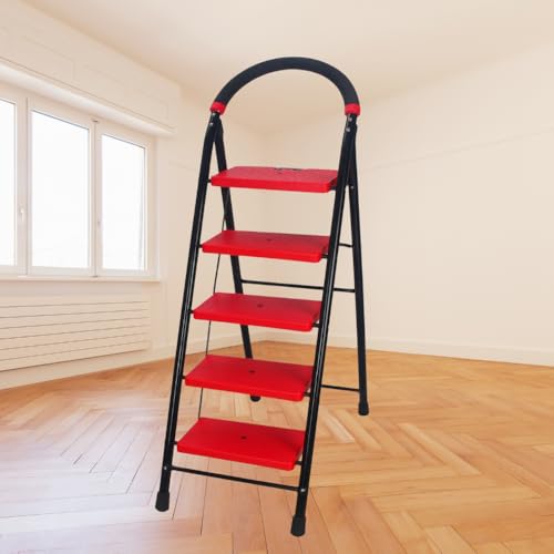 Image of BRANCO Steps Super Milano Heavy Duty Ladder for Home Premium Alloy Steel Folding Step Ladder for Home, Wide Anti-Skid Steps (Black & RED) (5 Steps)