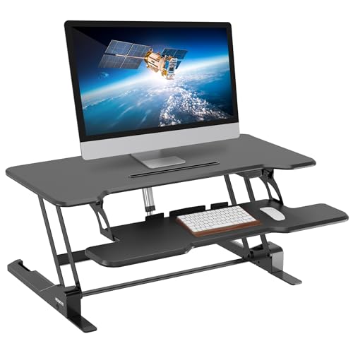 Mount-It! Electric Standing Desk Converter with 38" Tabletop, Height Adjustable Sit Stand Desk Riser, Motorized Desk Riser with Keyboard Tray and Device Slot, Fits Monitor & Laptop, Black -  MI-8010