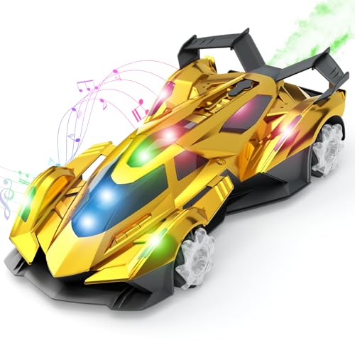 SASBSC Remote Control Car Toy for Boys Age 8-12, 1:12 Scale Gold Lambo Toy with 360°Rotating Drifts Colorful Lights?Spray& Musics, Speed 10-12km/h RC Race Toy Car for Boys Girls Birthday