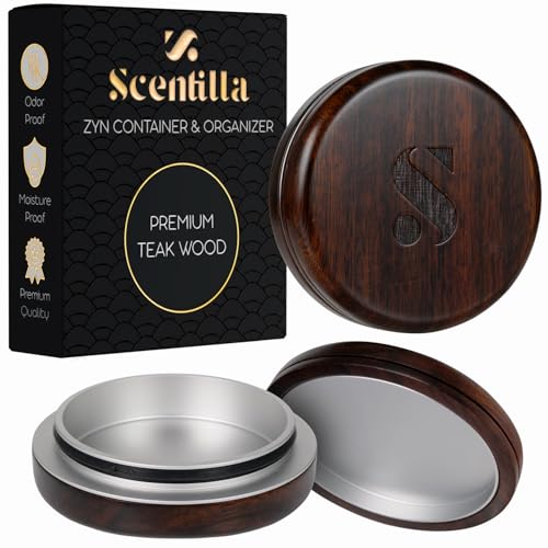scentilla Luxury Real Teak Wood & Metal Pouch Container - Premium Pouch Can & Holder - EDC Storage Tin - Odor & Moisture Proof - with Beautiful Gift Box & Velvet Bag