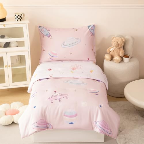 PERFEMET 4 Piece Toddler Girl Bedding Set Space Theme Pink