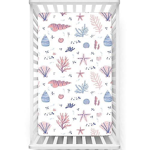 Image of Coastal Themed Fitted Crib Sheet,Standard Crib Mattress Fitted Sheet Toddler Bed Mattress Sheets - Baby Crib Sheets for Girl or Boy,28“ x52“,White Blush and Ceil Blue