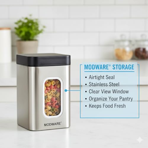 Image of MODWARE Keepex Stainless Steel Kitchen Storage Container, Airtight Silver Jar with Viewing Window, Fingerprint-Proof, Dishwasher Safe, Jars for Snacks, Fry Food, Masala, Cookies 1000ml Capacity