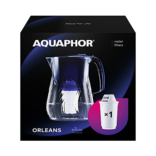 AQUAPHOR Orleans dzbanek z filtrem do wody 4,2 l, do redukcji kamienia, chloru i innych zanieczyszczeń, zawiera 1 x wkład magnezowy A5 o pojemności 350 litrów - dzbanek z filtrem do wody premium o wyglądzie szkła, niebieski