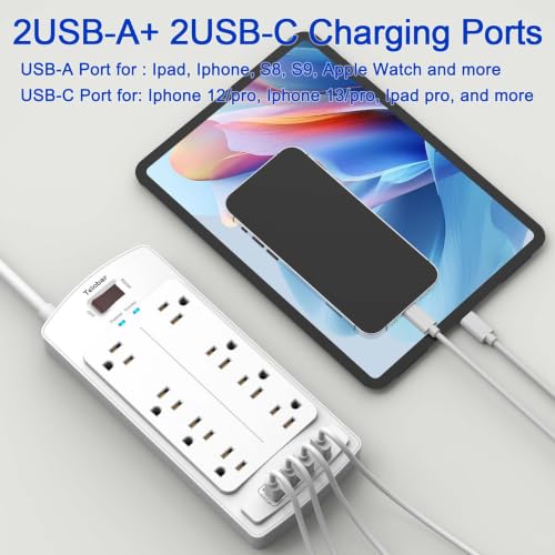 Image of Surge Protector Power Strip - Teiobar Flat Plug Extension Cord with 8 Outlets and 4 USB Ports, 10 Feet Power Cord, 2700 Joules, ETL Listed, White