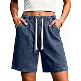 Shorts for Women UK Knee Length Bermuda Denim Shorts Summer Casual Jean Long Pants Pockets Elastic Waist Stretch Denim Pants Ladies Jorts Baggy Going Out Beach Workout Wide Leg Jeans Streetwear
