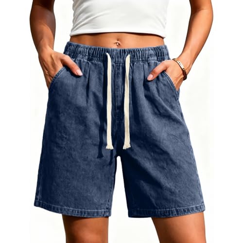Image of Denim Shorts for Women Knee Length Bermuda Jean Shorts 2026 Trendy Elastic Waist Stretch Denim Summer Pants Ladies Jorts Baggy Going Out Beach Workout Wide Leg Jean Long Pants Streetwear Plus Size