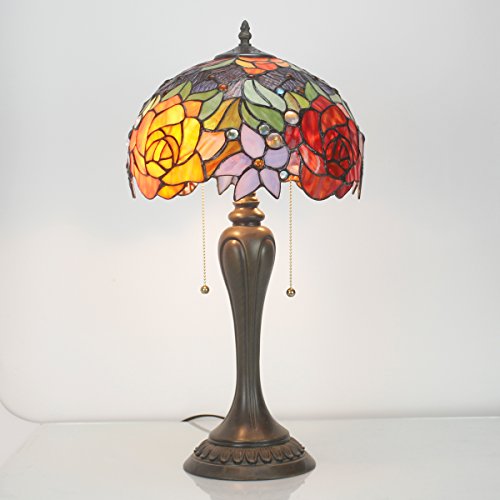 Werfactory Tiffany Lamp Stained Glass Table Lamp Red Rose Flower Bedside Desk Reading Light 12X12X22 Inches Decor Bedroom Living Room Home Office S001 Series #TOP6