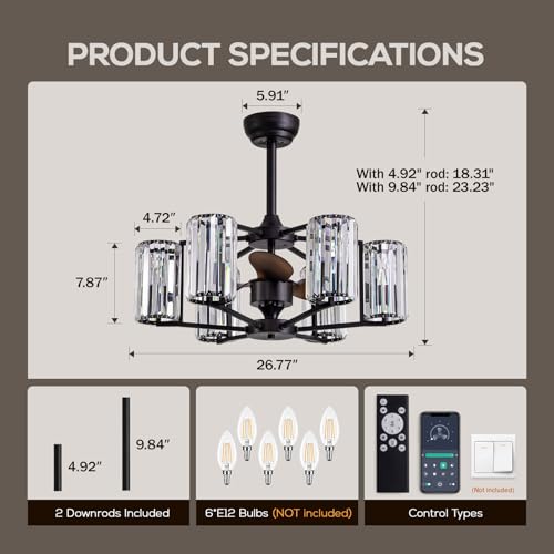 MOOONICHECHE 27" Crystal Ceiling Fan with Light and Remote Control 6-Light Black Vintage Crystal Caged Fandelier Luxury Large Chandelier Ceiling Fan for Dining Living Room Kitchen Bedroom by MOOONICHE - Used condition - Image 7