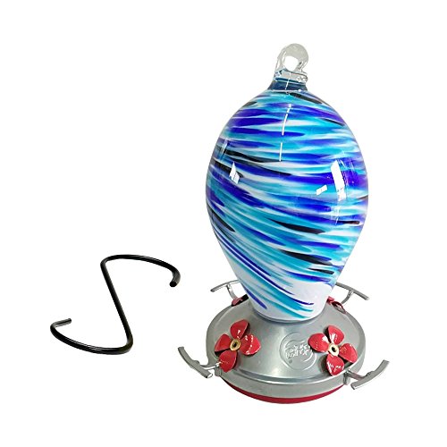 Best Home Products Hummingbird Feeder - Blown Glass - Blue Swirl - 24 Fluid Ounces