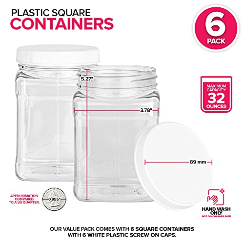 Stock Your Home Plastic Storage Jars (6 Pack) - 32 Oz Square Plastic Canisters With Lids - Shatterproof Plastic Storage Jars With Lids - Reusable Wide Mouth Clear Plastic Containers With Lids #TOP1