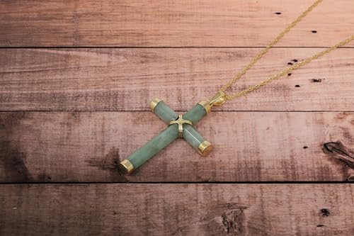 10K Yellow Gold Genuine Jade Cross Pendant Necklace3