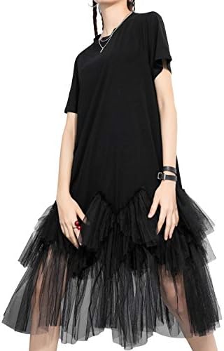 ellazhu Women's Casual Short Sleeve Crew Neck Tutu Tulle Dress with an Oversized Fit GY2266 Black