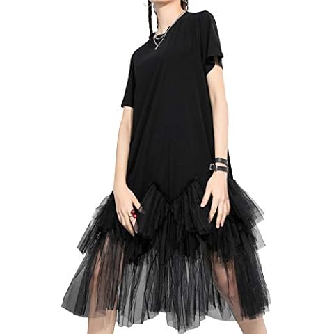ellazhu Women's Casual Short Sleeve Crew Neck Tutu Tulle Dress with an Oversized Fit GY2266 Black L Cover