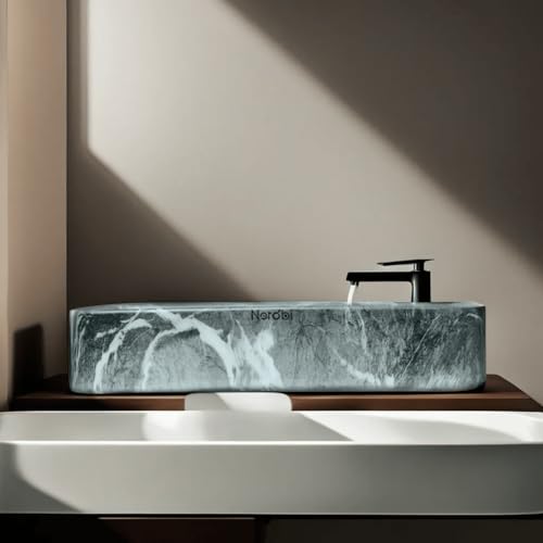 Image of Wash Basin Countertop | Tabletop Ceramic Bathroom Sink | Wash Basin Over Counter | (24 x 14 x 5 Inch) (Marble Grey White)