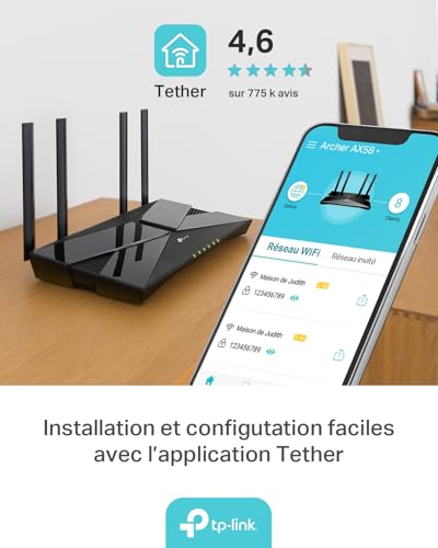 TP-Link Archer AX58 Routeur WiFi 6, Routeur WiFi AX 3000 Mbps bi-Bande, 5 Ports Gigabit, 4 antennes à Haute Performance, WPA3, Contrôle Parental, EasyMesh, Antivirus intégré