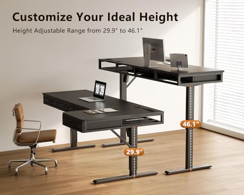 Image of OffiGo 63 Inch L Shaped Standing Desk with 4 Wooden Drawers, Black