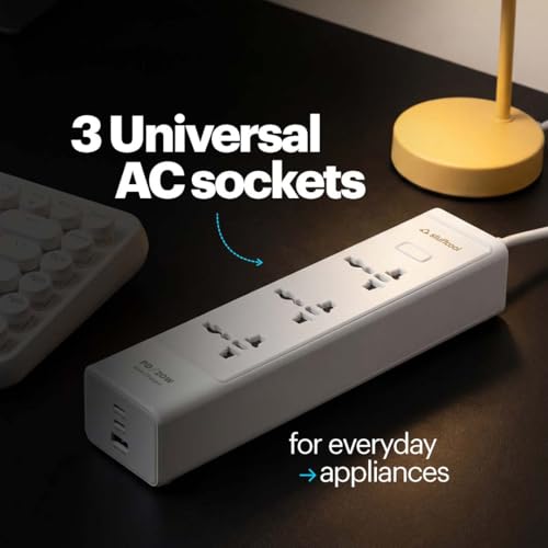Image of Stuffcool Chargestrip 20W Extension Board with Surge Protector, 3 Universal AC Sockets and 20W Type-C PD, 18W USB-A Fast Charging, Charges iPhones & Pixels up to 50% in 30 Mins, Made in India