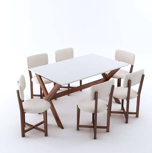 Image of MURALICRAFT Sheesham Wood 57 inch Dining Table 6 Seater | Marble Finish Six Seater Dinning Table Set with 6 Upholstered Dining Chairs | Table Top: Premium HDMR Wood | Chair: Round Edge | White & Honey