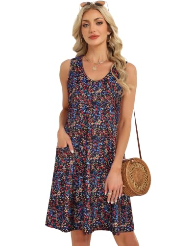 Image of Womens Summer Dresses Casual V Neck Sleeveless Pockets Beach Loose Sundress | 2026 Loose Tank Sun dres with pockets, Casual Beach Cover Up, Fashion Vacation Outfits, Tshirt Floral Boho A-Line Flow Dress