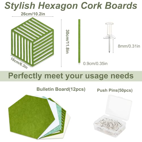Acidea 12 Stück Filz Pinnwand Sechseckig, Selbstklebende Sechseckige Korkplatte DIY mit 50 Durchsichtig Pushpins, Foto-Display-Tafel, pinnwand modern Dekoration für Fotos, Memos, Wanddekoration