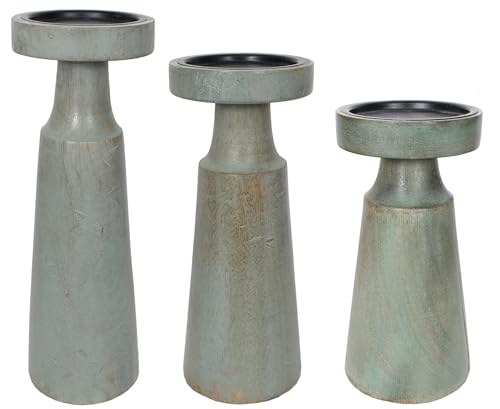 Sweet Summer Living Set of 3 Pieces Wood Pillar Candle Holders, Mango Wooden Candlesticks Holders 12 Inch, 10 Inch, 8 Inch Height (Sage)
