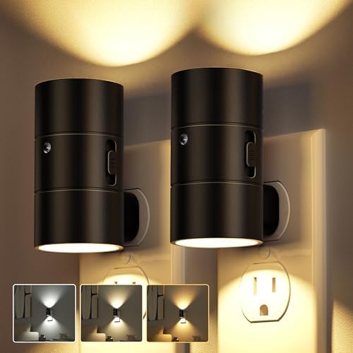 Night Lights Plug Into Wall,3 Color Temperatures LED Night Light Plug in,Dusk to Dawn Sensor,0-100LM Adjustable Brightness,Dimmable Night Lights for Hallway Bathroom Stair Bedroom,Black,2 Pack