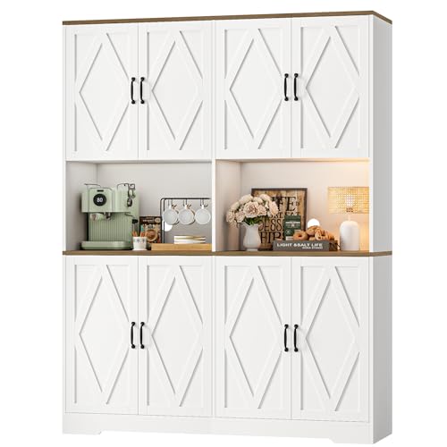 HOSTACK 71' Tall Pantry Cabinet, 55' Wide Kitchen Pantry Storage Cabinet, Large Kitchen Hutch with 2 Microwave Stands, Farmhouse Coffee Bar Station with Doors and Shelves for Dining Room, White