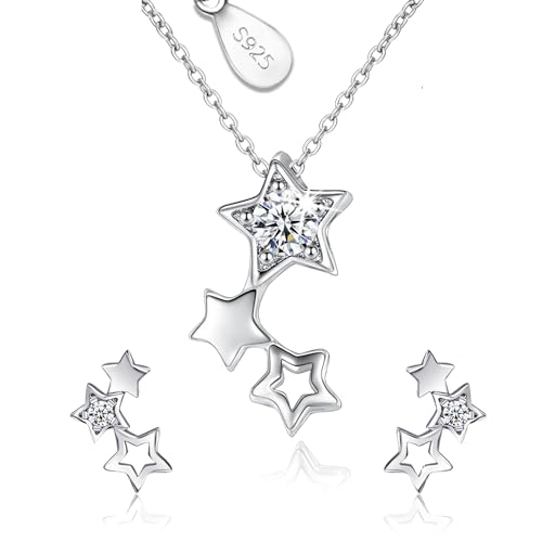 Regalos para Mujer, Conjunto Collar Plata Mujer y Pendientes Mujer Plata con Colgante Estrellas y Cristales, Joyas de Mujer de Plata S925 y Circonitas, Regalos Originales para Mujer