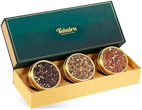 Teaniru, Grandeur Tea Collection - Premium Tea Gift Set | 3 Aromatic Flavors in Golden Tins |Tea Sampler Gift - Black Tea, Green Tea & Herbal Tea | Tea Gift Sets