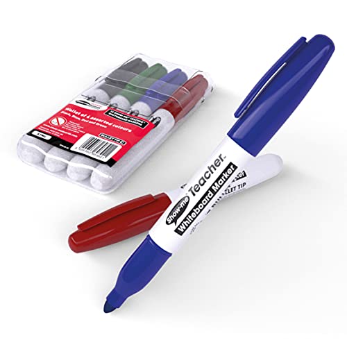 SHOW-ME Whiteboard Pens Pack, Marker Pens For Whiteboard, Long-Lasting Whiteboard Markers With Easy-Fit Lids, Ideal For Teachers, Comfortable & Safe Dry Wipe Markers With Bullet Tips, 4PK