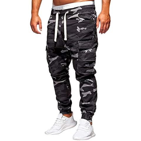 Camo Cargo Pants Mens Skinny Stretch Elasticated Waist Trousers Multical Pocket Gym Sweatpants Bodybuilding Workout Goosun Slim fit Chino Jogger Trousers Plus Size M-4XL Black Cover