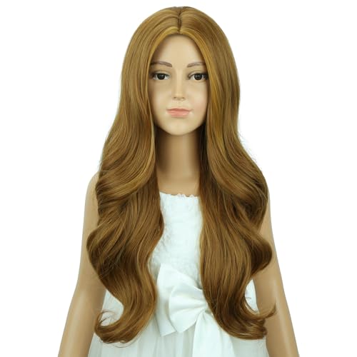 Image of Child Ash Blonde Wig Girls Long Ash Blonde Wavy Curly Wig Long Middle Part Wigs for Kids Heat Resistant Synthetic Wigs with Cap