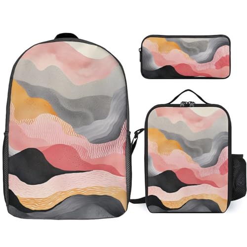 3 Piece Backpack for Women Men Lightweight Causal Daypack Shoulder Bag Set with Insulated Lunch Bag And Pencil Case Organizers White And Gray Pattern