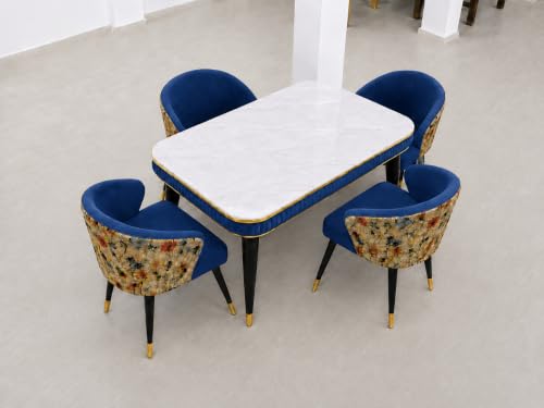 Image of WOODEN SPACE Majestic 4 Seater Wooden Dining Table Set | Urban Marble Top Dining Table with Chairs for Dining Room & Kitchen (Modern Classic Printed Navy Blue) (54 x 36 x 30 inch)