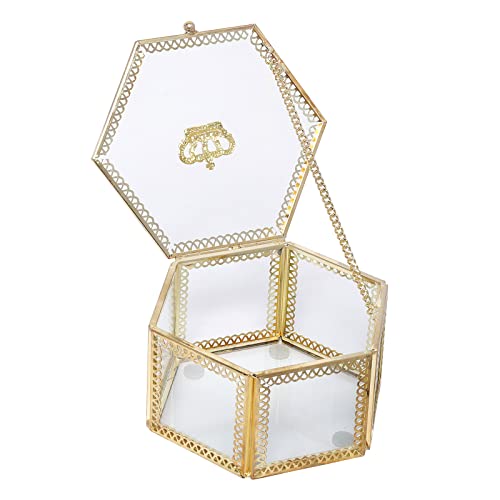 Longsheng - Since 2001 - Vintage Glass Jewelry Organizer Box Golden Metal Crown Hexagon Keepsake Box Desktop Jewelry Organizer Holder Wedding Birthday Gift Vanity Decorative Box For Wedding #TOP17